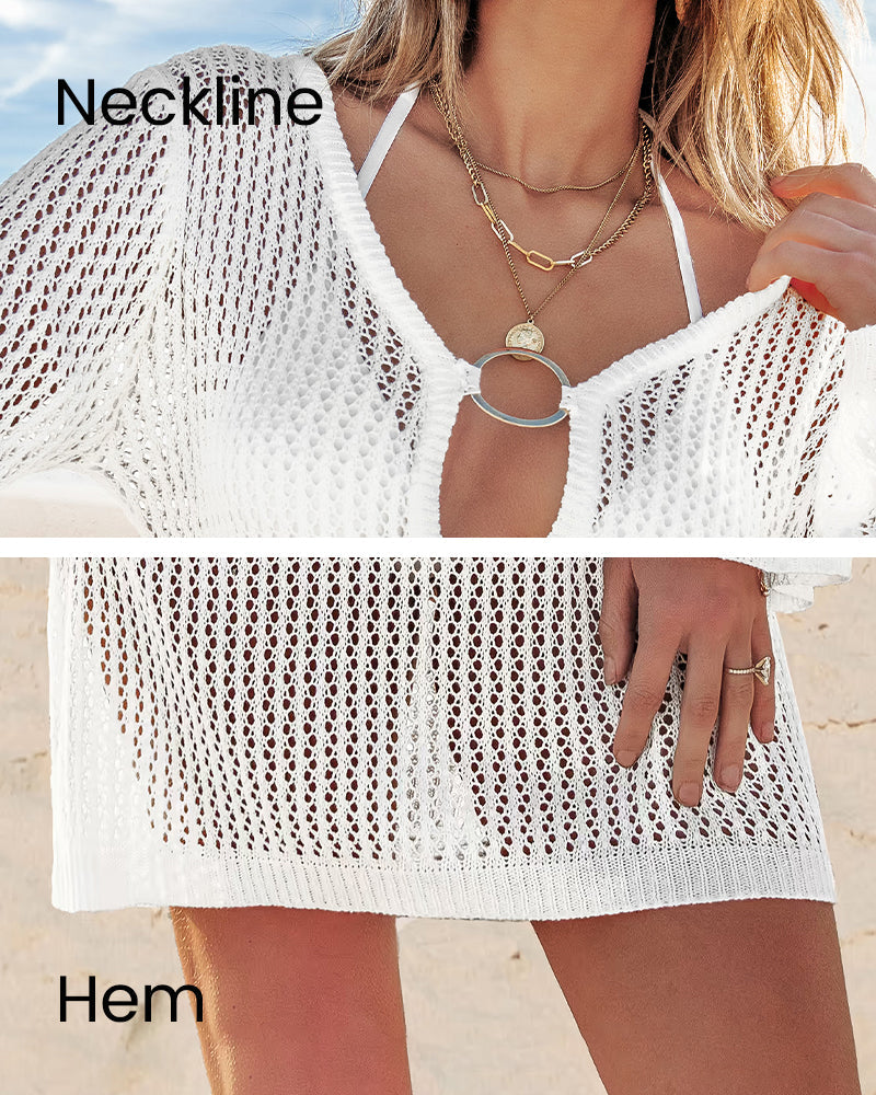 Gehäkelter Strandkleid mit langen Ärmeln und tiefem V-Ausschnitt