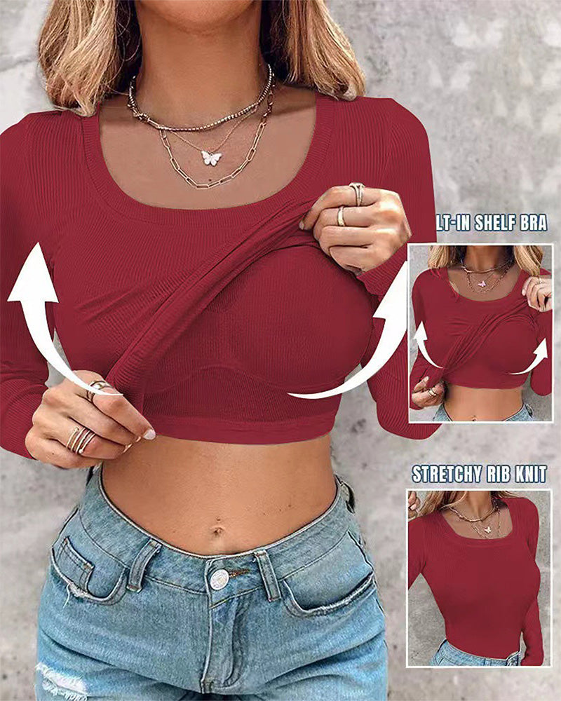 Long-Sleeve Ribbed Fitted Top with Built-In Bra