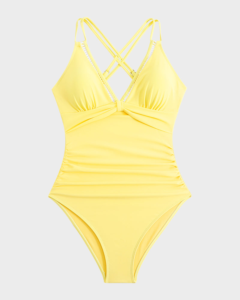 Maillot de Bain Une Pièce Col en V à Découpes Ajourées et Noeud