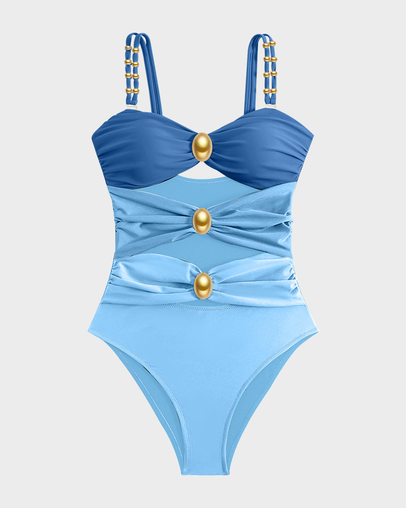 Maillot Une Pièce Drapé avec Perles Dorées et Découpes