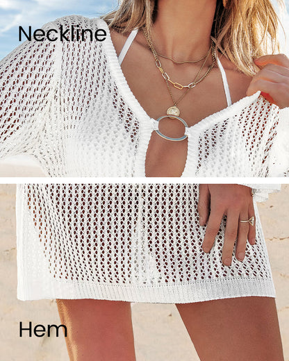 Deep-Plunge Long-Sleeve Crochet Beach Cover-Up Dress