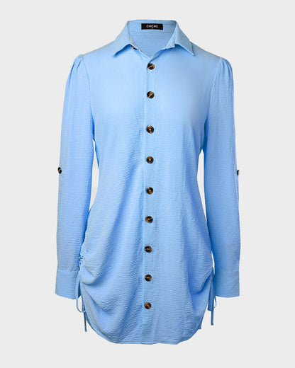 Long-Sleeve Button-Down Drawstring Shirt Dress