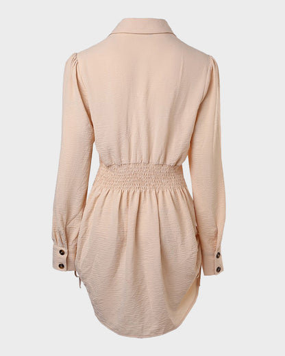 Long-Sleeve Button-Down Drawstring Shirt Dress