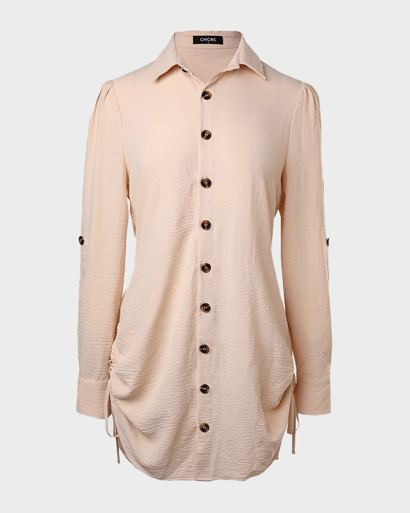 Long-Sleeve Button-Down Drawstring Shirt Dress