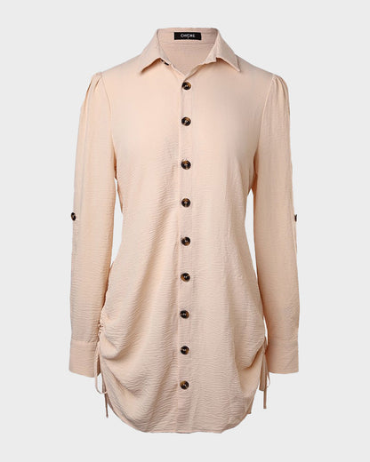 Long-Sleeve Button-Down Drawstring Shirt Dress
