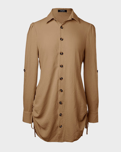 Long-Sleeve Button-Down Drawstring Shirt Dress