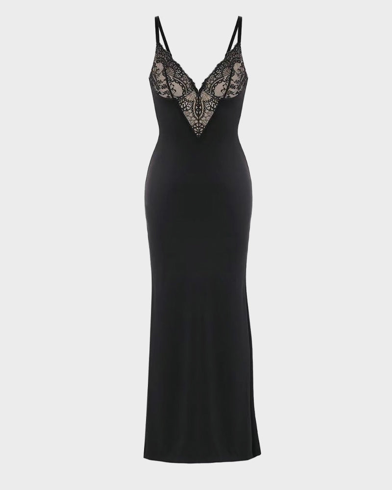 Robe Longue Dentelle Col V avec Gainant Intégré et Fente
