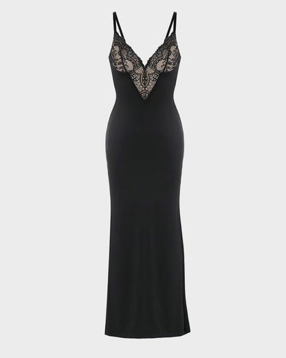 Robe Longue Dentelle Col V avec Gainant Intégré et Fente