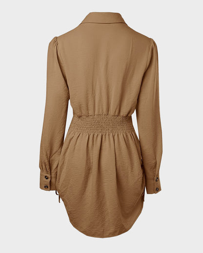 Long-Sleeve Button-Down Drawstring Shirt Dress