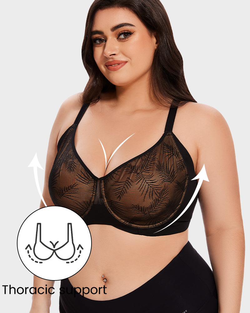 Leaf-Pattern Lace Full-Coverage Unlined Push-Up Bra