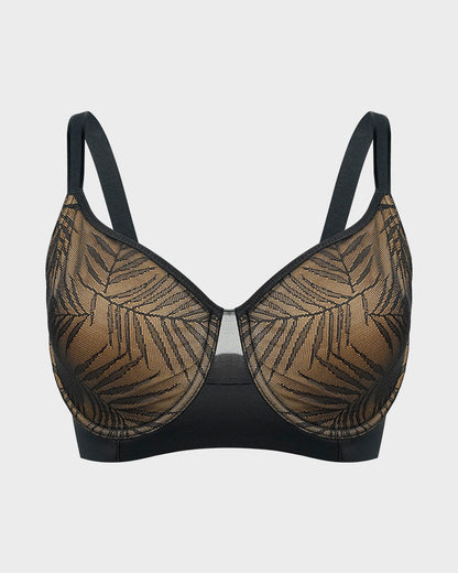 Leaf-Pattern Lace Full-Coverage Unlined Push-Up Bra