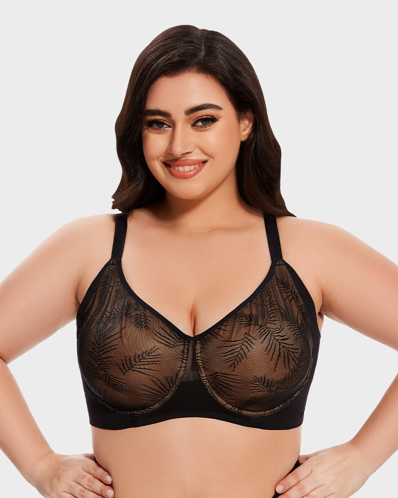Leaf-Pattern Lace Full-Coverage Unlined Push-Up Bra