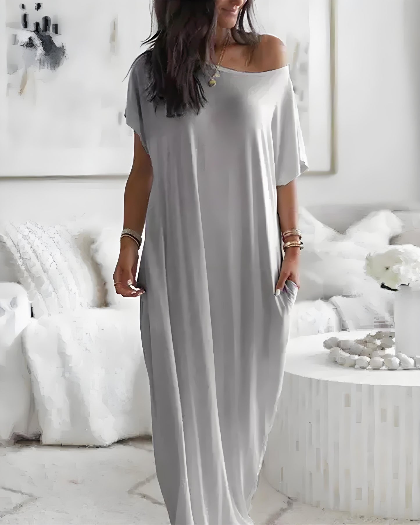 Off-Shoulder Loungewear Maxi Dress with Batwing Sleeves