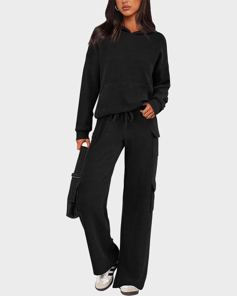 2-Piece Knit Hoodie & Wide-Leg Pants Outfit