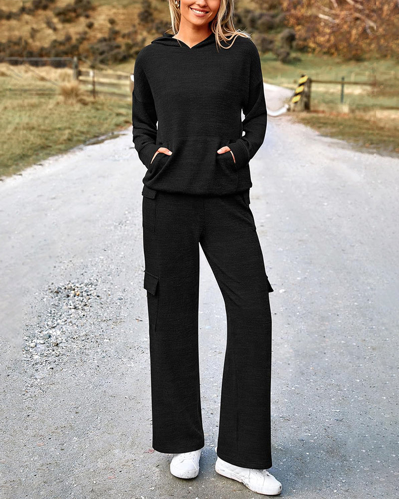 2-Piece Knit Hoodie & Wide-Leg Pants Outfit