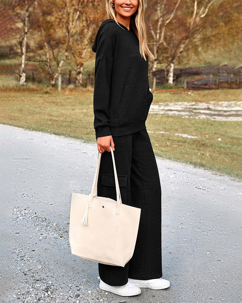 2-Piece Knit Hoodie & Wide-Leg Pants Outfit