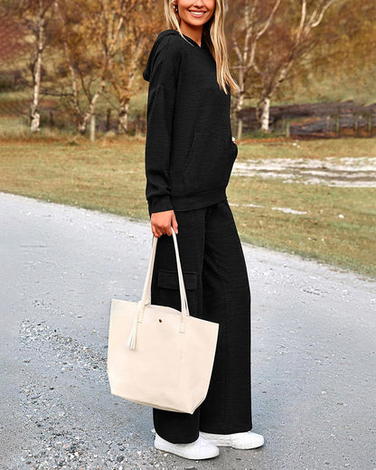 2-Piece Knit Hoodie & Wide-Leg Pants Outfit