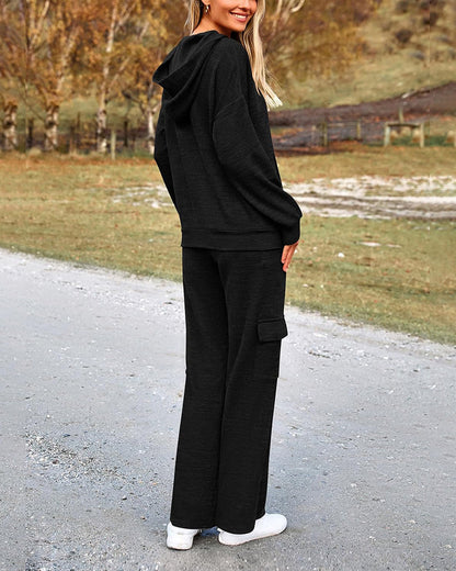 2-Piece Knit Hoodie & Wide-Leg Pants Outfit