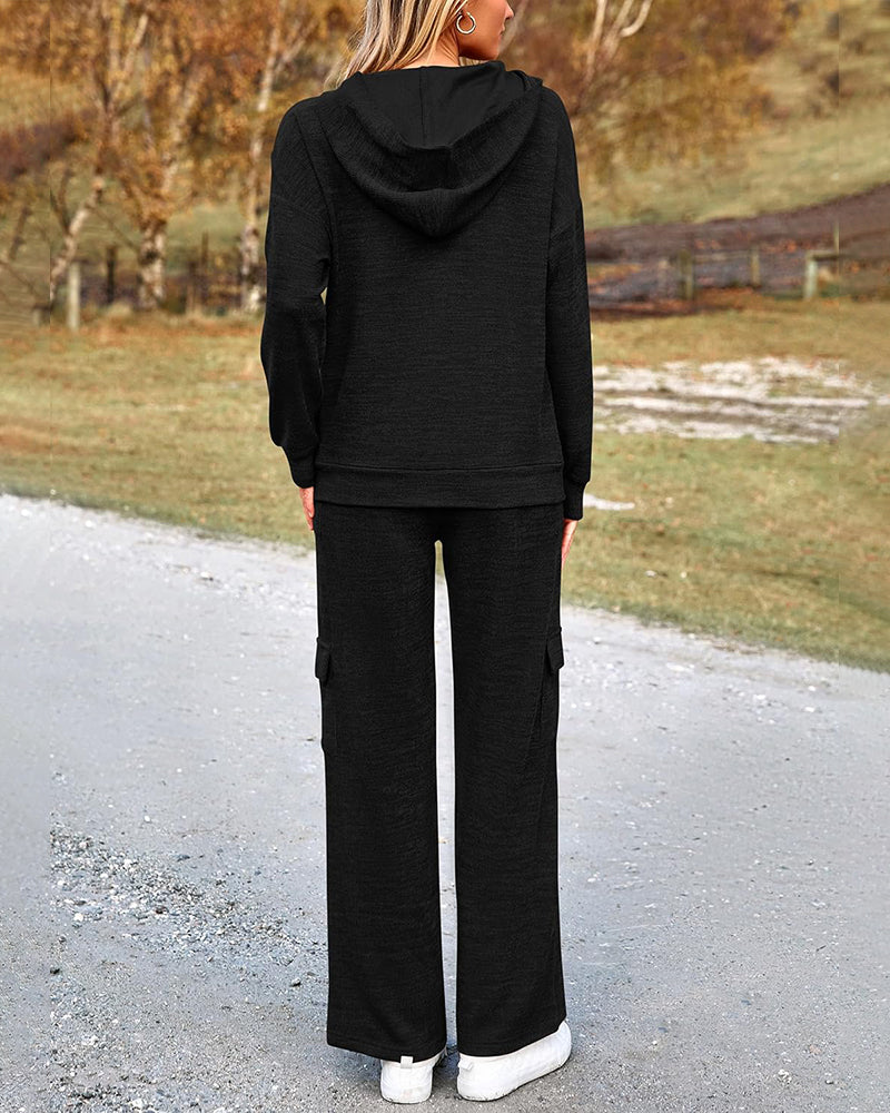 2-Piece Knit Hoodie & Wide-Leg Pants Outfit