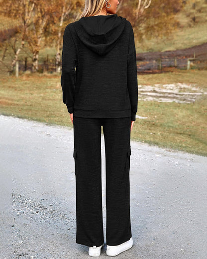 2-Piece Knit Hoodie & Wide-Leg Pants Outfit