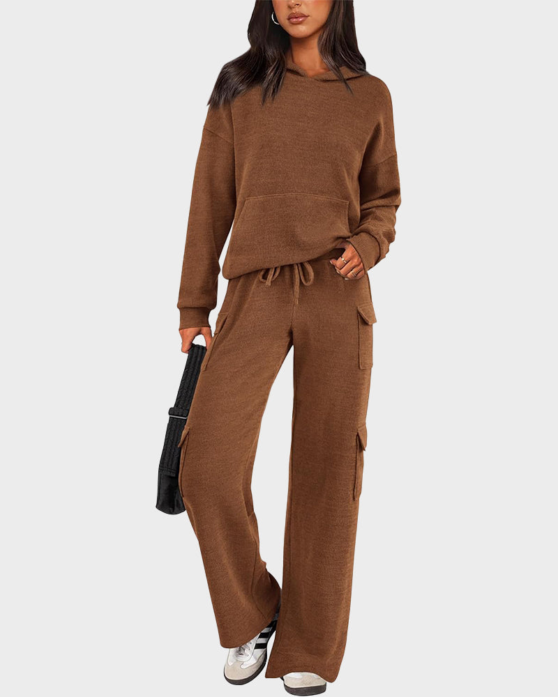 2-Piece Knit Hoodie & Wide-Leg Pants Outfit