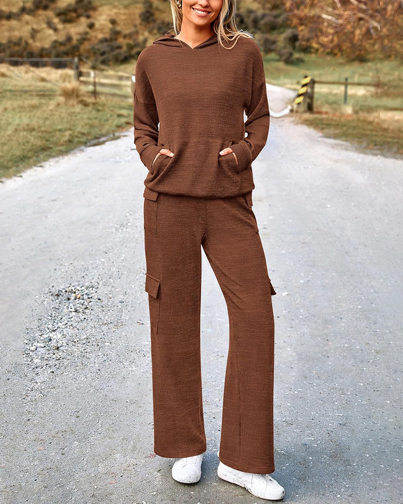 2-Piece Knit Hoodie & Wide-Leg Pants Outfit