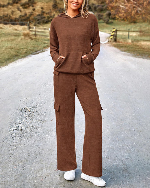 2-Piece Knit Hoodie & Wide-Leg Pants Outfit