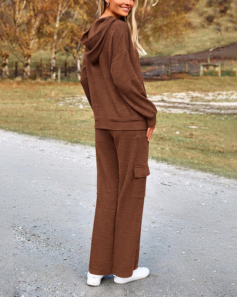 2-Piece Knit Hoodie & Wide-Leg Pants Outfit