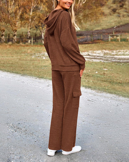 2-Piece Knit Hoodie & Wide-Leg Pants Outfit