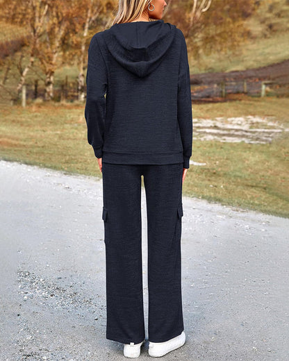2-Piece Knit Hoodie & Wide-Leg Pants Outfit