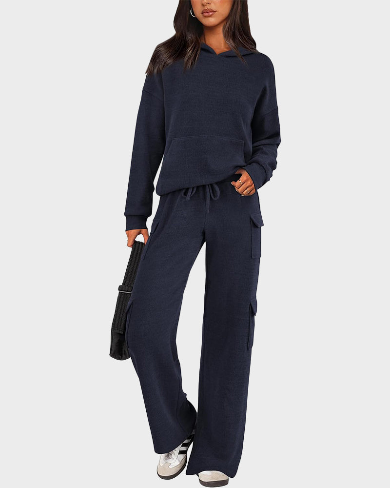 2-Piece Knit Hoodie & Wide-Leg Pants Outfit
