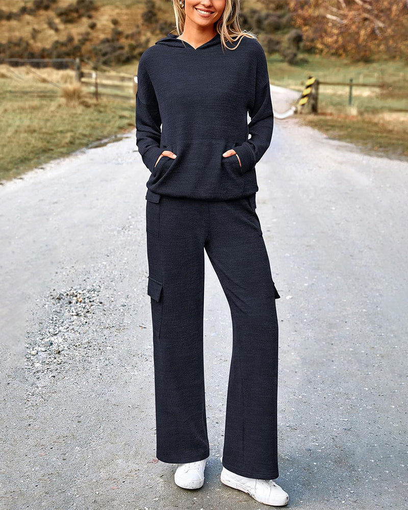 2-Piece Knit Hoodie & Wide-Leg Pants Outfit