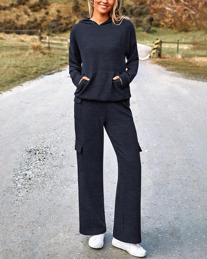 2-Piece Knit Hoodie & Wide-Leg Pants Outfit
