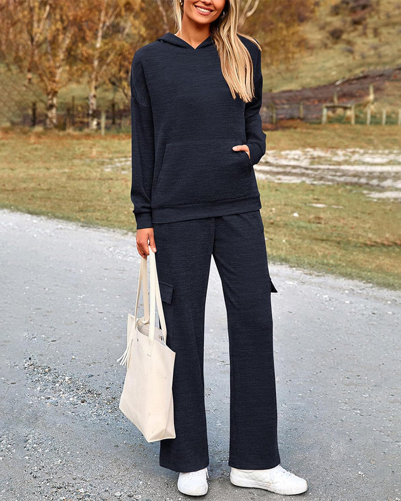2-Piece Knit Hoodie & Wide-Leg Pants Outfit