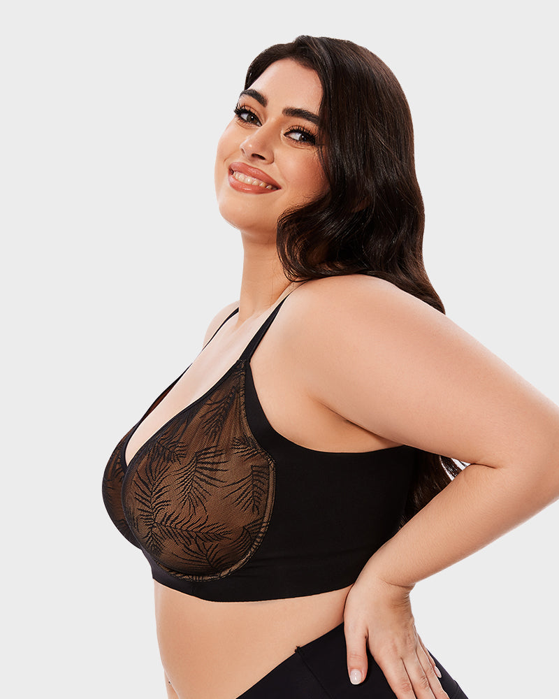 Leaf-Pattern Lace Full-Coverage Unlined Push-Up Bra