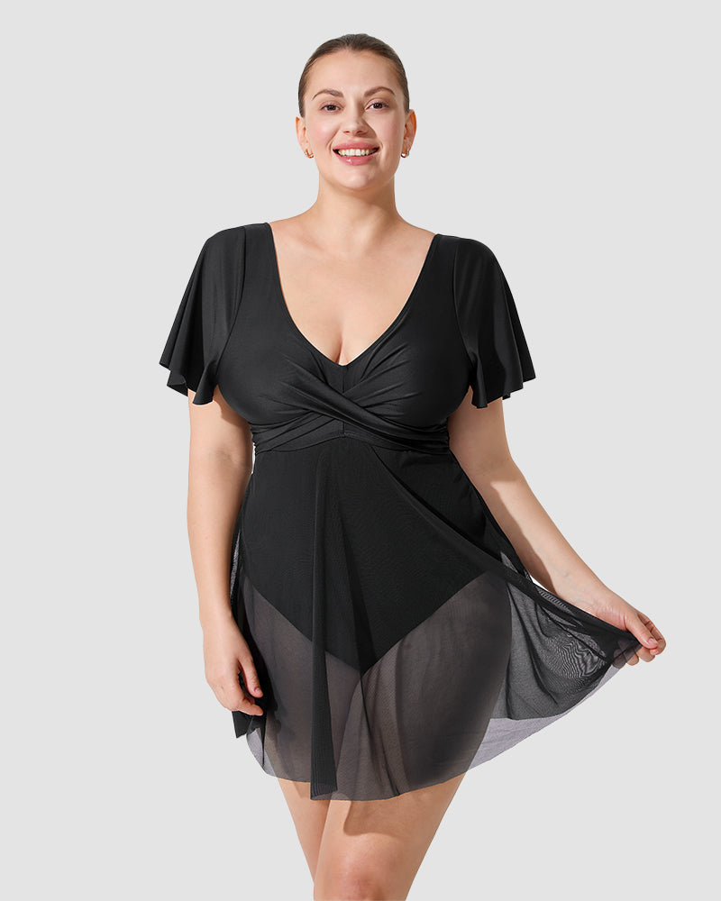 Plus Size Full-Coverage Ruffle Swim Dress