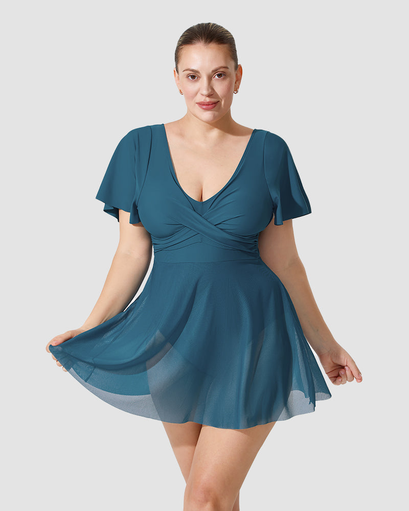 Plus Size Full-Coverage Ruffle Swim Dress