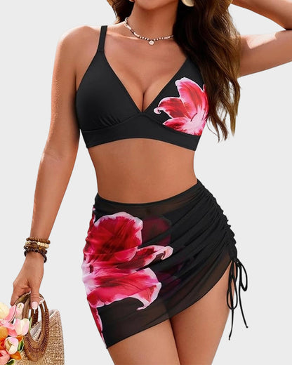 Ensemble Maillot 3 Pièces Jupe Taille Haute Motif Floral