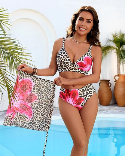 Ensemble Maillot 3 Pièces Jupe Taille Haute Motif Floral