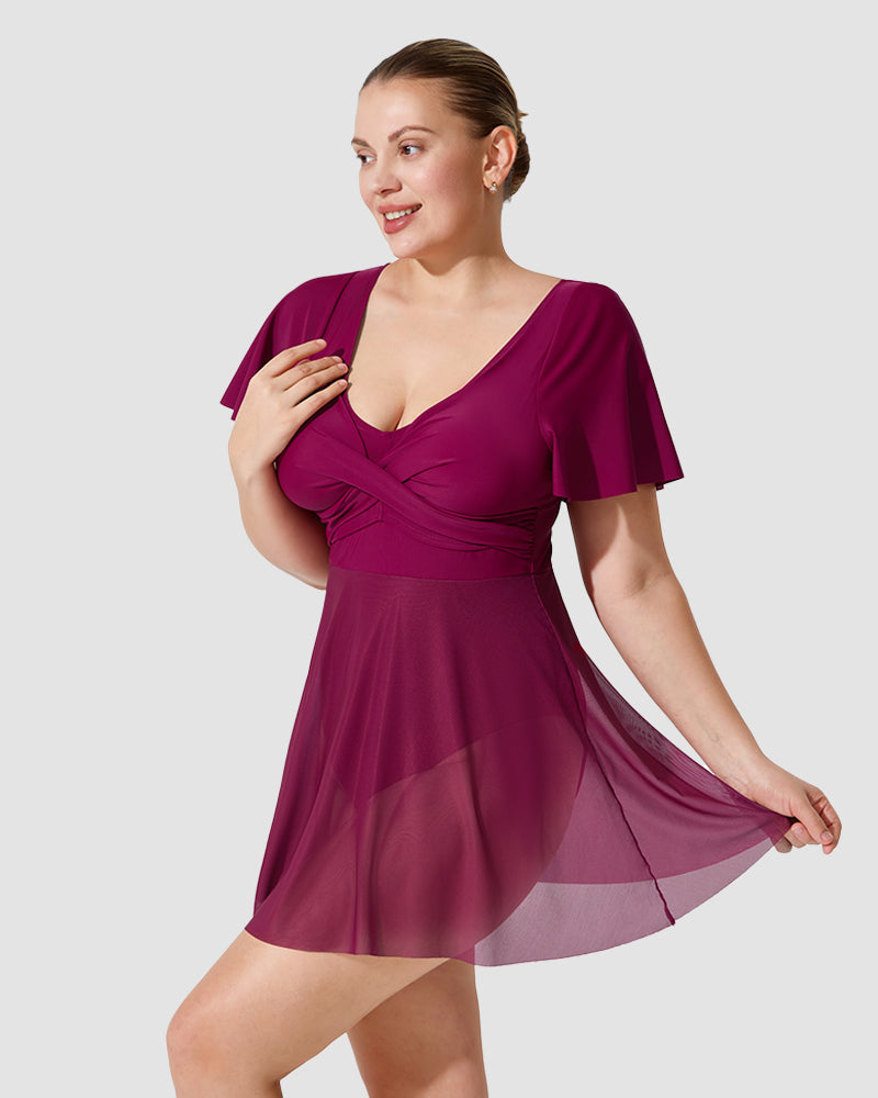 Plus Size Full-Coverage Ruffle Swim Dress