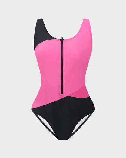Color Block Tank Swimsuit with Front Zip