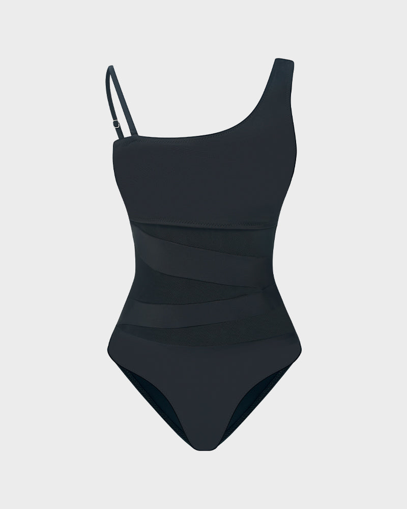One-Shoulder One-Piece Swimsuit with Mesh Insert
