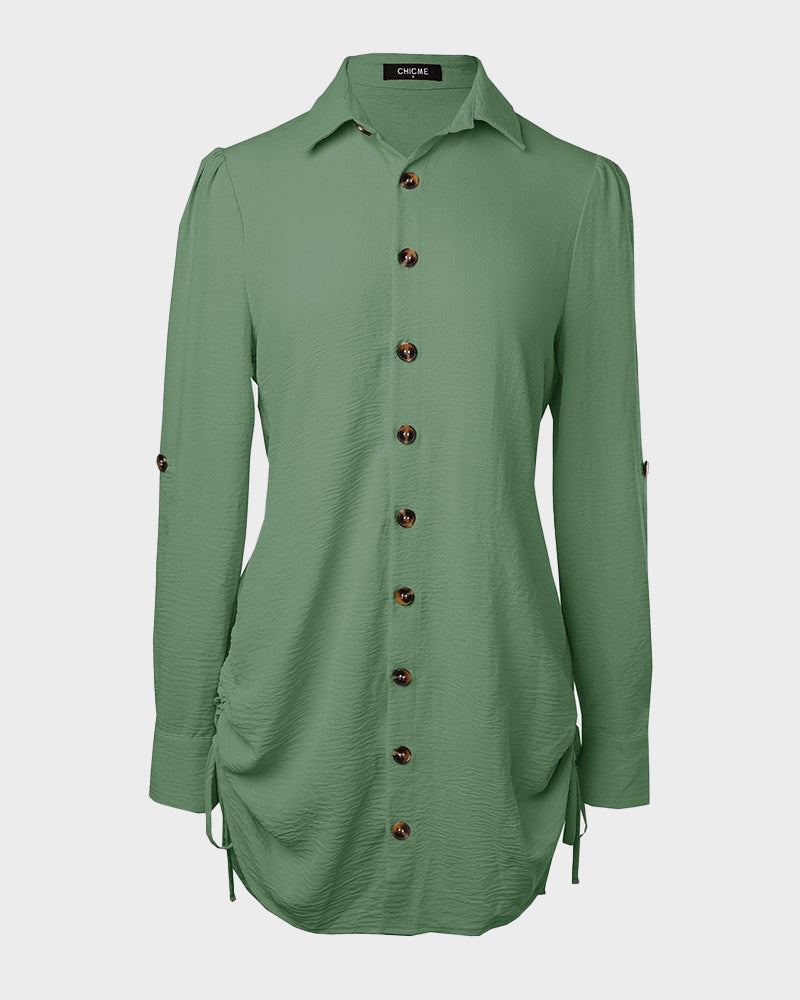 Long-Sleeve Button-Down Drawstring Shirt Dress
