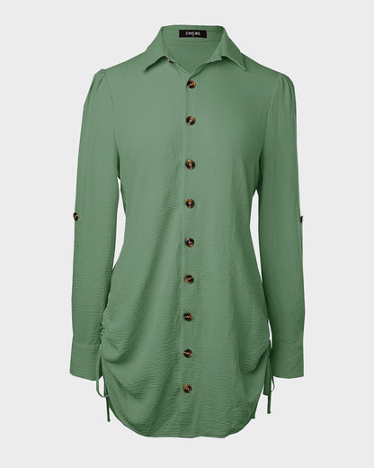 Long-Sleeve Button-Down Drawstring Shirt Dress