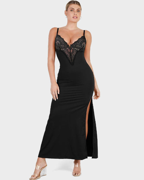 Robe Longue Dentelle Col V avec Gainant Intégré et Fente
