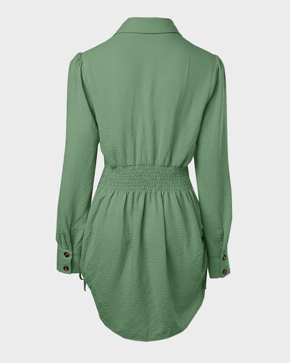 Long-Sleeve Button-Down Drawstring Shirt Dress