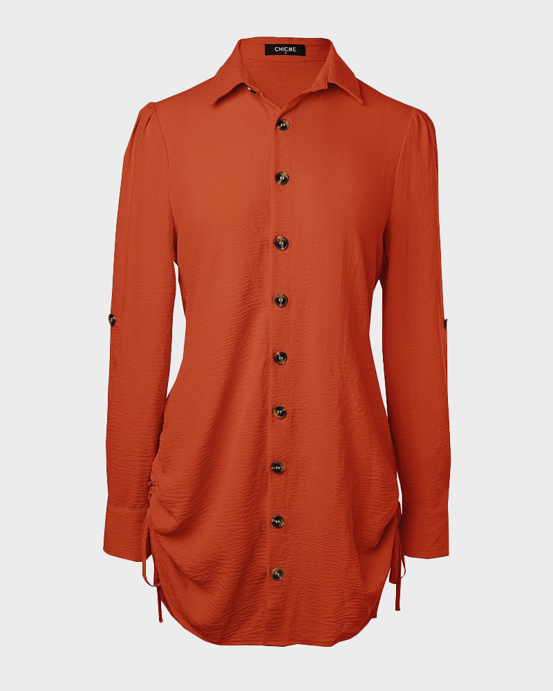 Long-Sleeve Button-Down Drawstring Shirt Dress