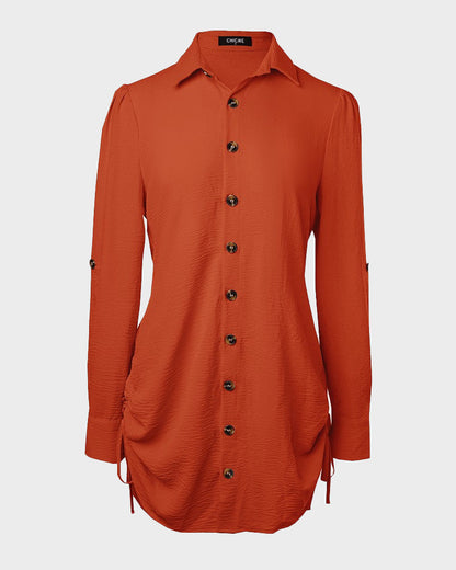 Long-Sleeve Button-Down Drawstring Shirt Dress