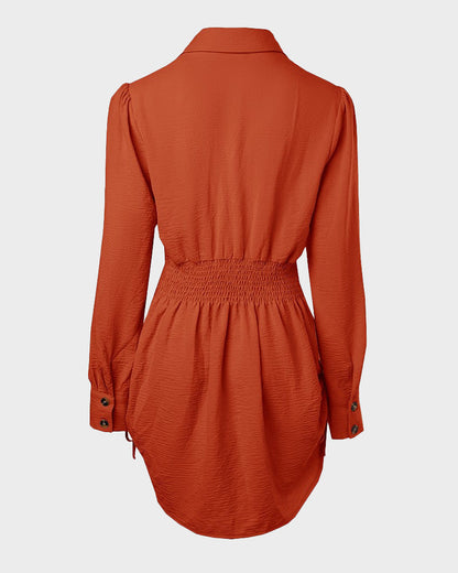 Long-Sleeve Button-Down Drawstring Shirt Dress