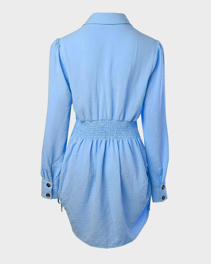 Long-Sleeve Button-Down Drawstring Shirt Dress